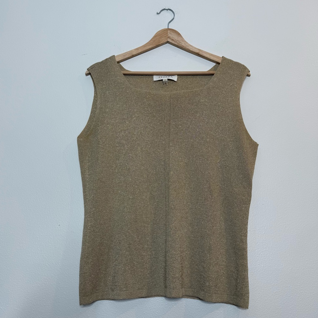 Escada Gold Shimmer Metallic Knit Square Neck Wide Strap Tank Top Size 42